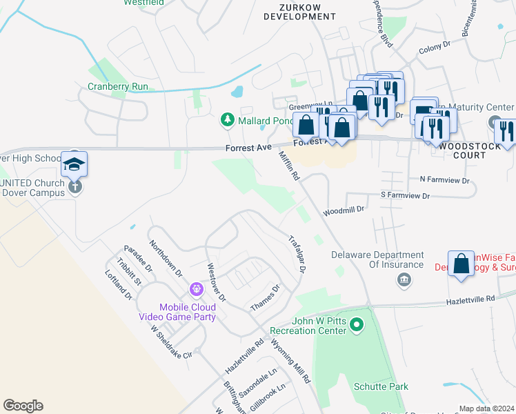 map of restaurants, bars, coffee shops, grocery stores, and more near 267 Trafalgar Drive in Dover