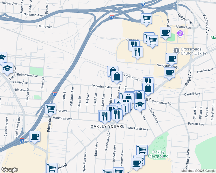 map of restaurants, bars, coffee shops, grocery stores, and more near 2960 Robertson Avenue in Cincinnati