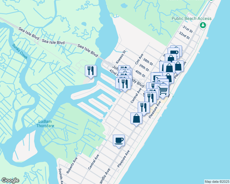 map of restaurants, bars, coffee shops, grocery stores, and more near 319 44th Street in Sea Isle City