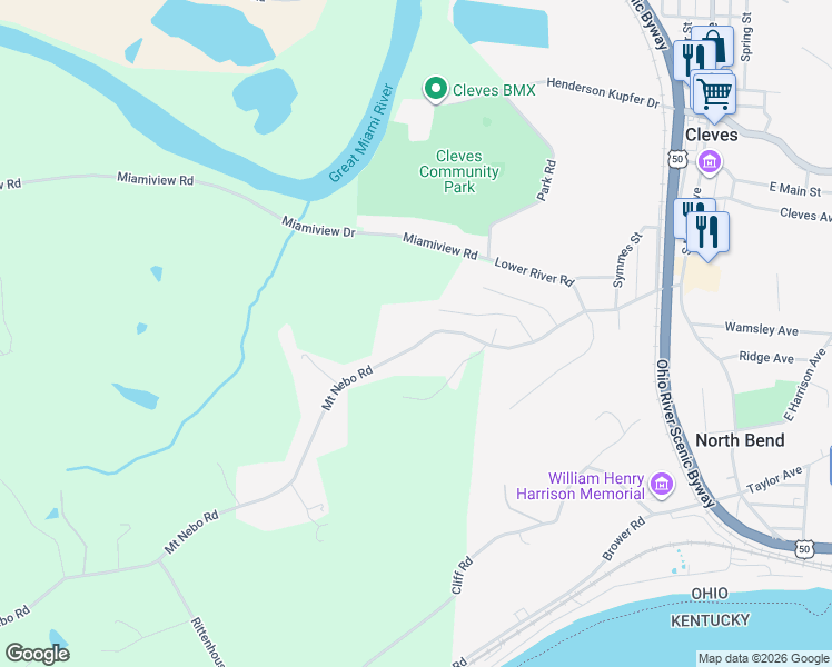 map of restaurants, bars, coffee shops, grocery stores, and more near 9556 Mount Nebo Road in Cleves