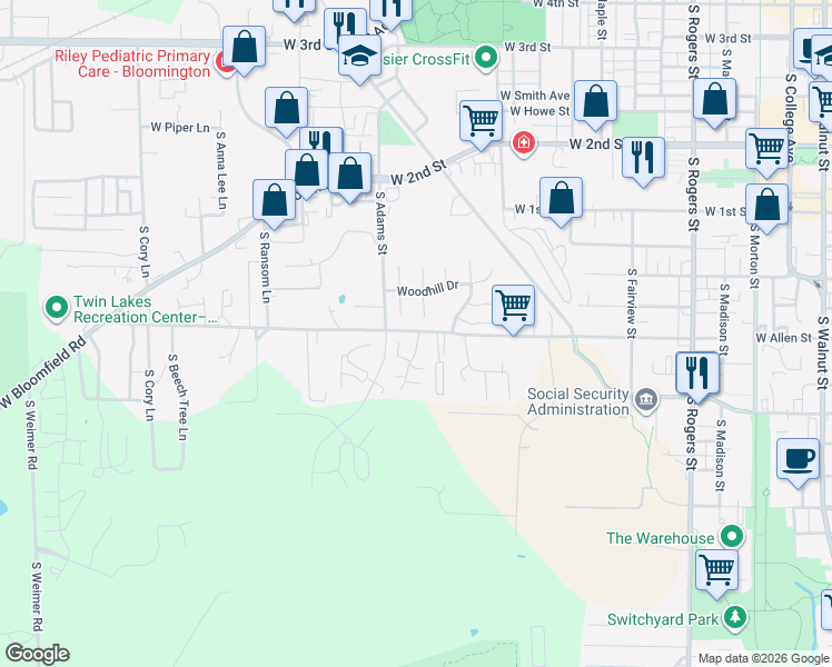 map of restaurants, bars, coffee shops, grocery stores, and more near 920 South Westhill Court in Bloomington