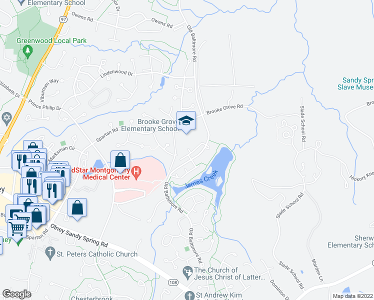 map of restaurants, bars, coffee shops, grocery stores, and more near 18104 Pond Ridge Court in Olney