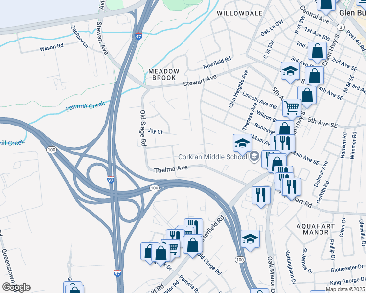map of restaurants, bars, coffee shops, grocery stores, and more near 318 Washington Boulevard in Glen Burnie
