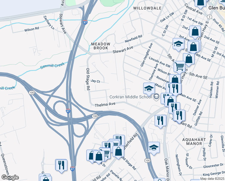 map of restaurants, bars, coffee shops, grocery stores, and more near 318 Washington Boulevard in Glen Burnie