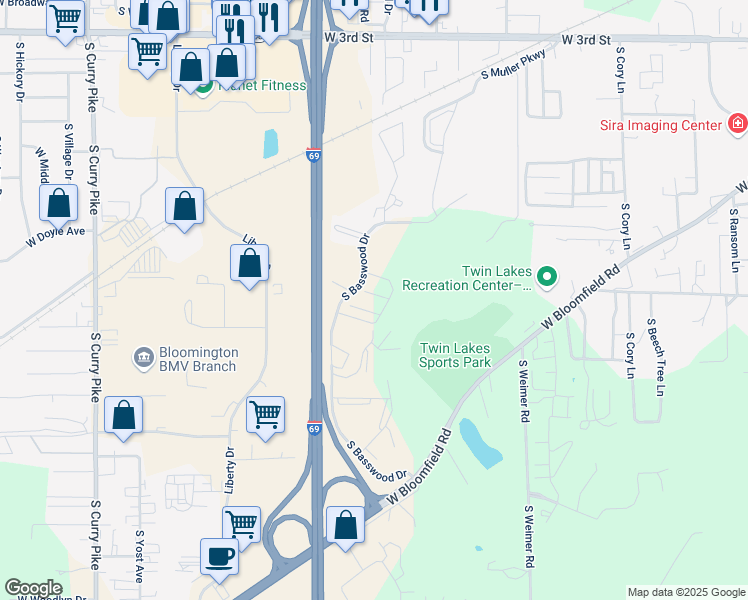 map of restaurants, bars, coffee shops, grocery stores, and more near 986 South Copper Beech Way in Bloomington