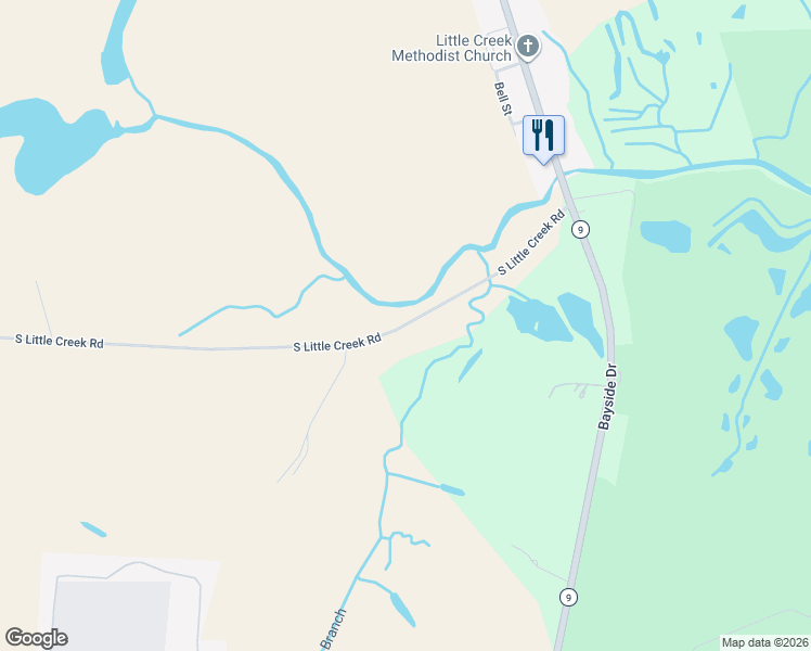 map of restaurants, bars, coffee shops, grocery stores, and more near 3352 South Little Creek Road in Dover