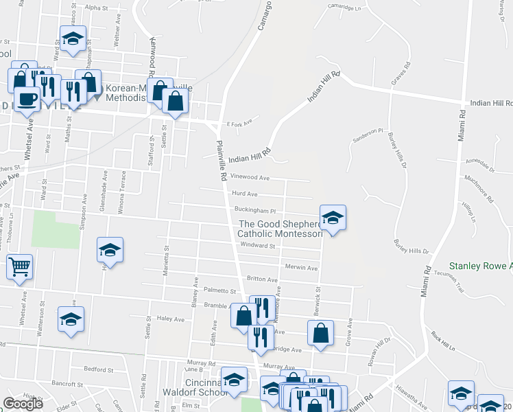 map of restaurants, bars, coffee shops, grocery stores, and more near 6828 Buckingham Place in Cincinnati