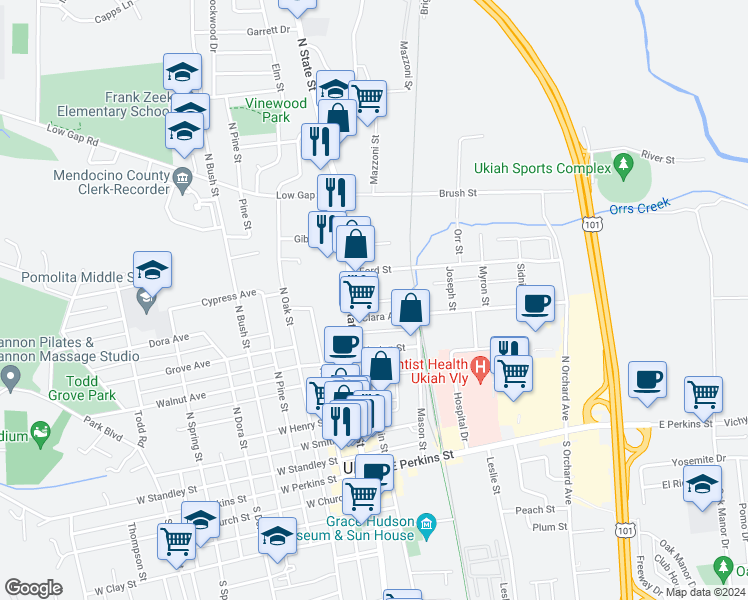 map of restaurants, bars, coffee shops, grocery stores, and more near 625 North State Street in Ukiah