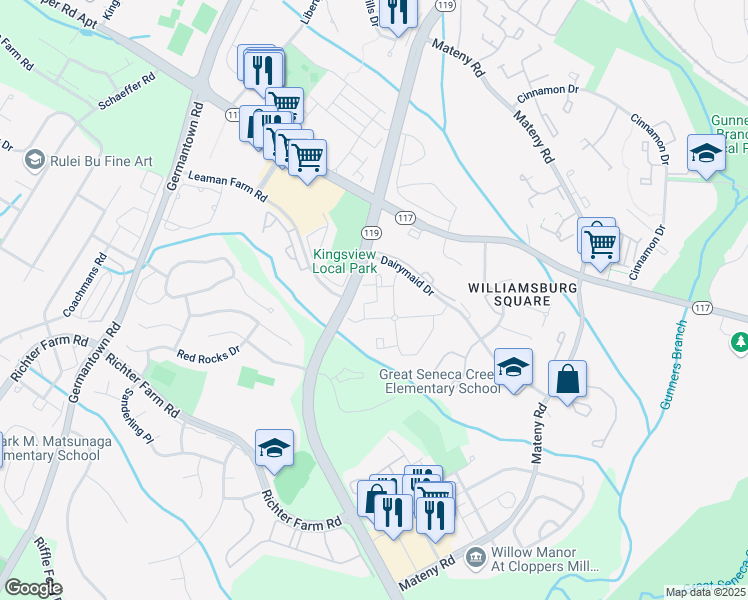 map of restaurants, bars, coffee shops, grocery stores, and more near 18220 Swiss Circle in Germantown