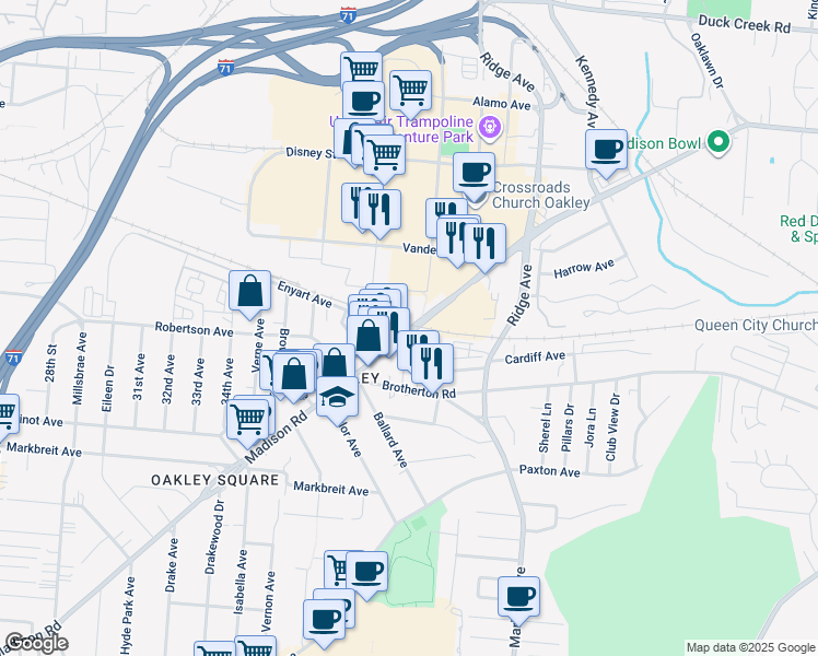 map of restaurants, bars, coffee shops, grocery stores, and more near 1959 Madison Road in Cincinnati