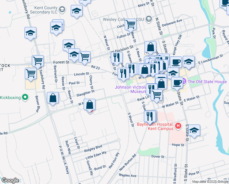 map of restaurants, bars, coffee shops, grocery stores, and more near 645 West North Street in Dover