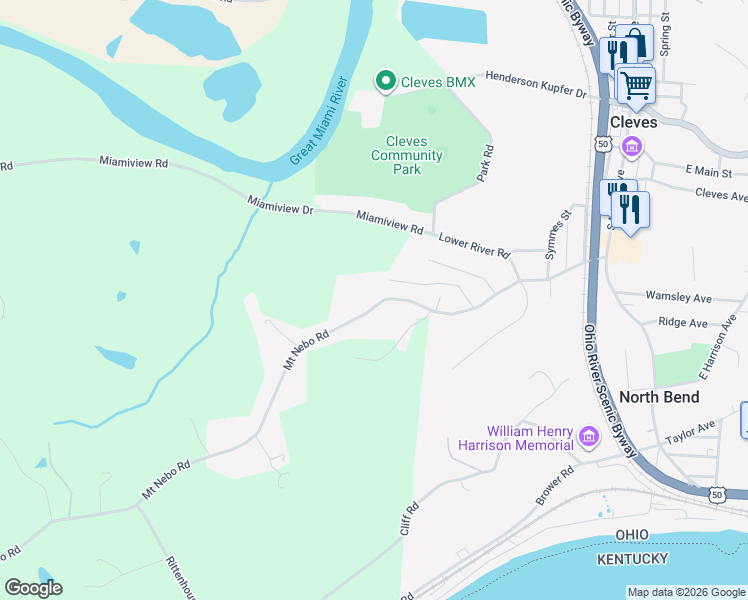 map of restaurants, bars, coffee shops, grocery stores, and more near 9556 Mount Nebo Road in Cleves