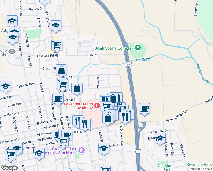 map of restaurants, bars, coffee shops, grocery stores, and more near 426 Clara Avenue in Ukiah