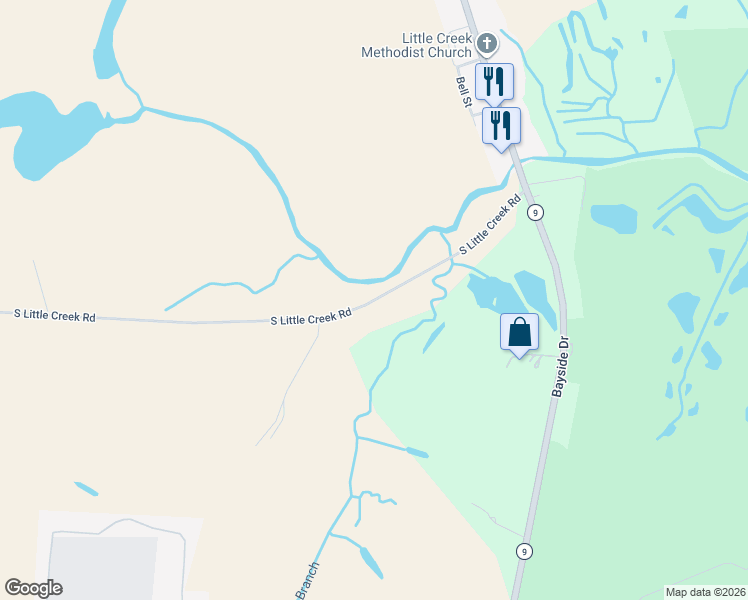 map of restaurants, bars, coffee shops, grocery stores, and more near 3352 South Little Creek Road in Dover