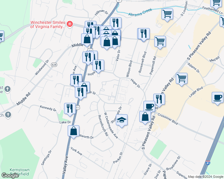 map of restaurants, bars, coffee shops, grocery stores, and more near 224 Peppertree Lane in Winchester