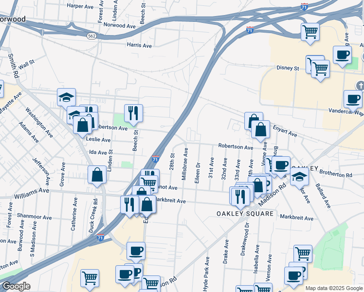 map of restaurants, bars, coffee shops, grocery stores, and more near 2783 Duck Creek Road in Cincinnati