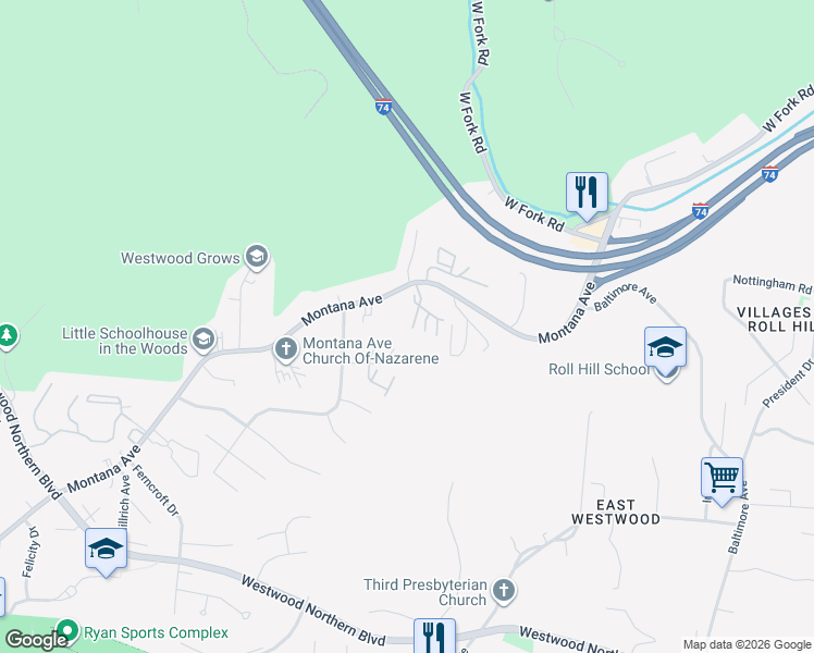 map of restaurants, bars, coffee shops, grocery stores, and more near 2425 Montana Avenue in Cincinnati