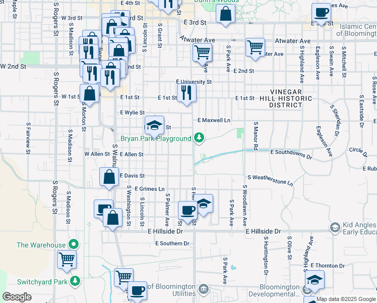 map of restaurants, bars, coffee shops, grocery stores, and more near 926 South Henderson Street in Bloomington
