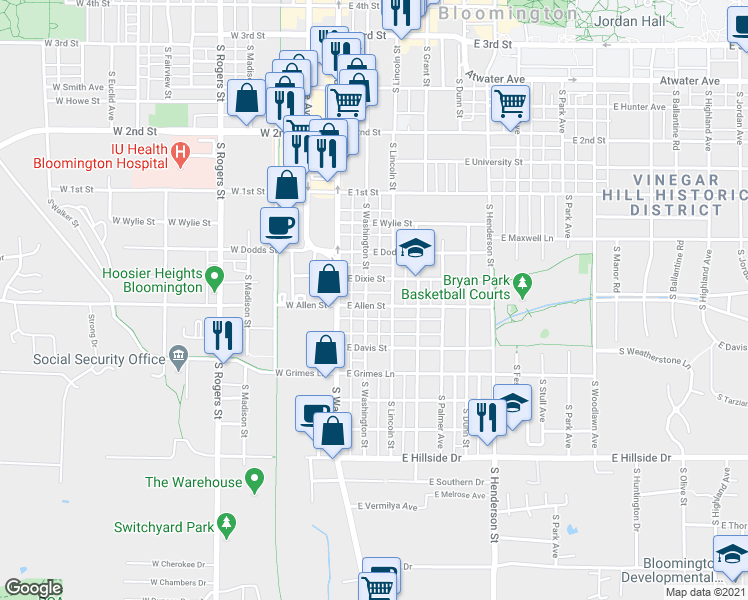 map of restaurants, bars, coffee shops, grocery stores, and more near 915 South Washington Street in Bloomington