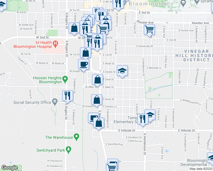 map of restaurants, bars, coffee shops, grocery stores, and more near 915 South Washington Street in Bloomington