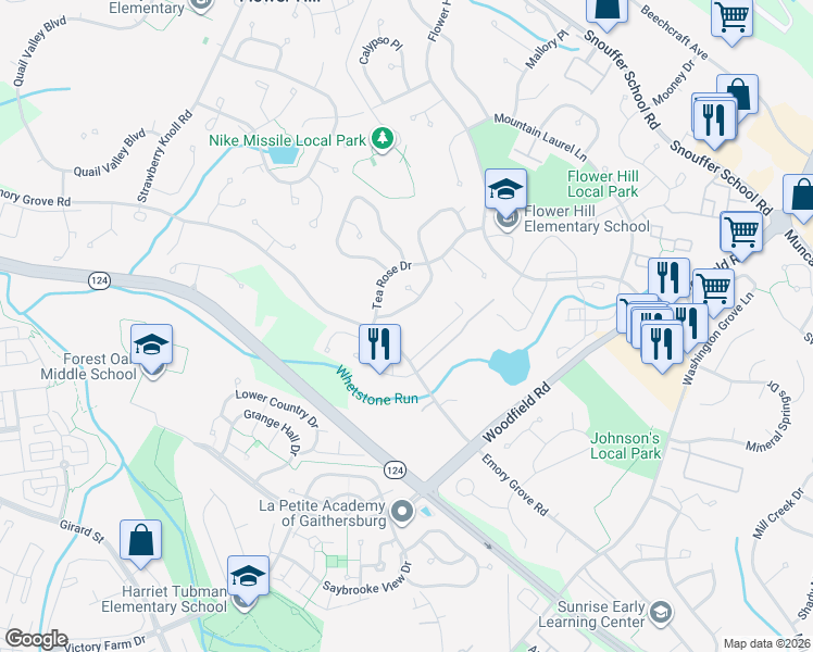 map of restaurants, bars, coffee shops, grocery stores, and more near 8545 Emory Grove Road in Gaithersburg