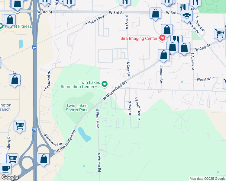 map of restaurants, bars, coffee shops, grocery stores, and more near 1688 West Bloomfield Road in Bloomington
