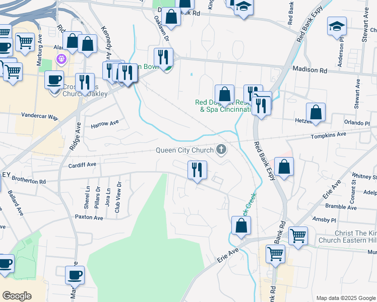 map of restaurants, bars, coffee shops, grocery stores, and more near 4241 Allendorf Drive in Cincinnati