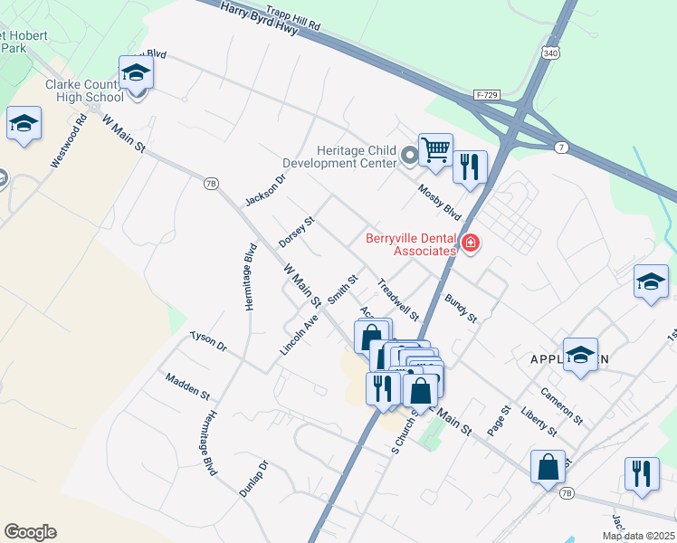 map of restaurants, bars, coffee shops, grocery stores, and more near 413 Ridge Road in Berryville