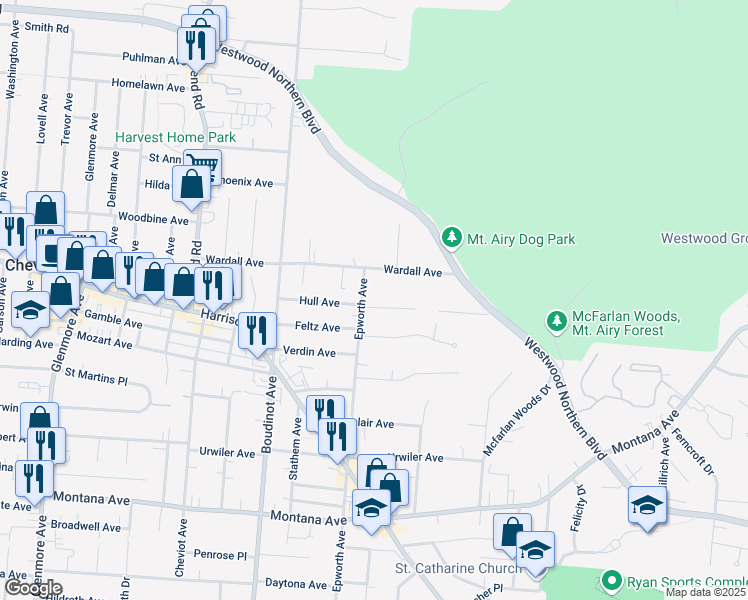 map of restaurants, bars, coffee shops, grocery stores, and more near 3644 Epworth Avenue in Cincinnati
