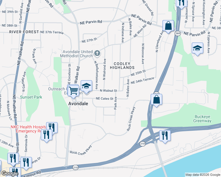 map of restaurants, bars, coffee shops, grocery stores, and more near 3218 North Walnut Street in Kansas City