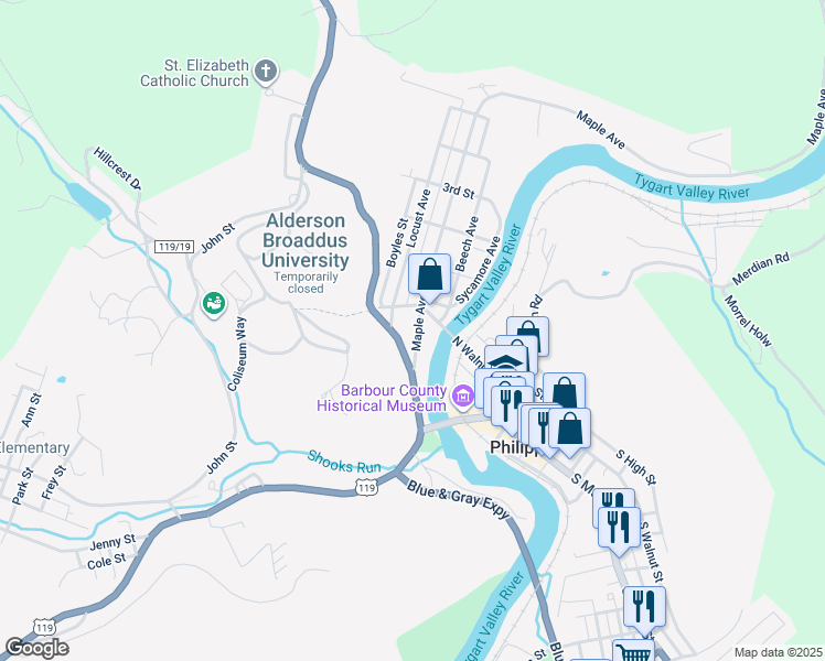 map of restaurants, bars, coffee shops, grocery stores, and more near 91 Maple Avenue in Philippi