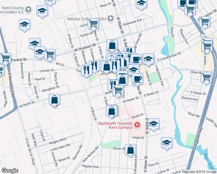 map of restaurants, bars, coffee shops, grocery stores, and more near 300 South New Street in Dover