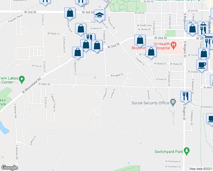 map of restaurants, bars, coffee shops, grocery stores, and more near South Adams Street in Bloomington