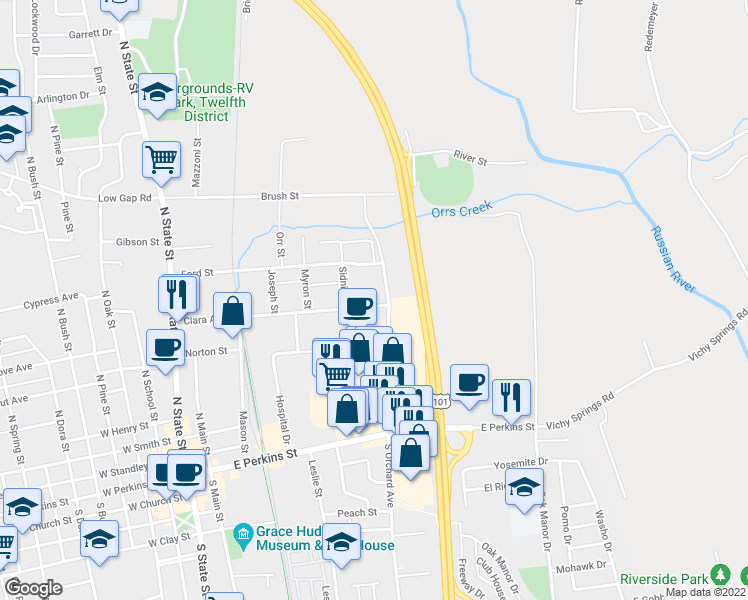 map of restaurants, bars, coffee shops, grocery stores, and more near 604 North Orchard Avenue in Ukiah