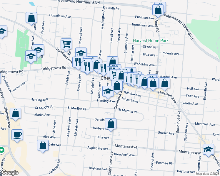 map of restaurants, bars, coffee shops, grocery stores, and more near 3720 Lovell Avenue in Cincinnati