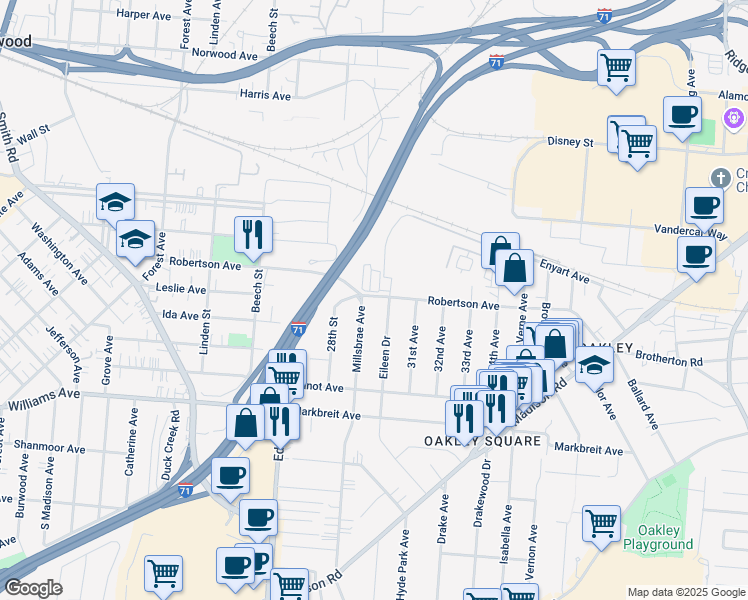 map of restaurants, bars, coffee shops, grocery stores, and more near 2771 Robertson Avenue in Cincinnati