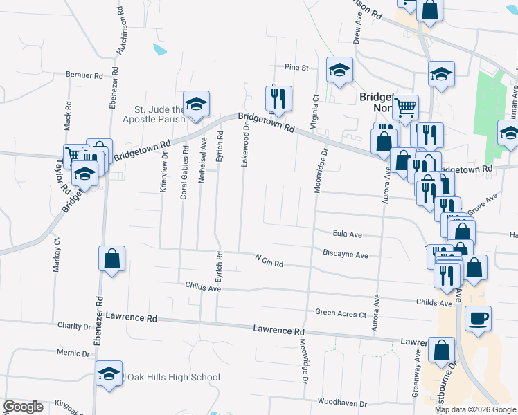 map of restaurants, bars, coffee shops, grocery stores, and more near 3639 Edgebrook Drive in Cincinnati