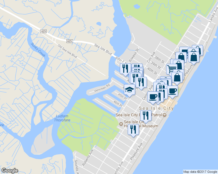 map of restaurants, bars, coffee shops, grocery stores, and more near 4421 Venicean Road in Sea Isle City