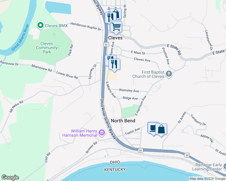 map of restaurants, bars, coffee shops, grocery stores, and more near 401 South Miami Avenue in Cleves