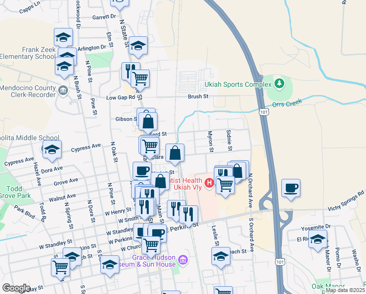 map of restaurants, bars, coffee shops, grocery stores, and more near 200 Clara Avenue in Ukiah