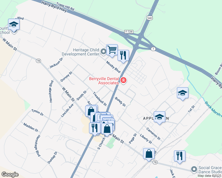 map of restaurants, bars, coffee shops, grocery stores, and more near 202 Walnut Street in Berryville