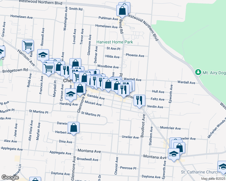 map of restaurants, bars, coffee shops, grocery stores, and more near 3420 Harrison Avenue in Cincinnati