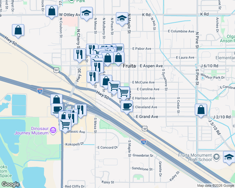 map of restaurants, bars, coffee shops, grocery stores, and more near 239 South Elm Street in Fruita