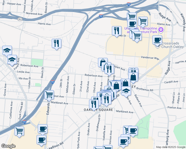 map of restaurants, bars, coffee shops, grocery stores, and more near 2850 Robertson Avenue in Cincinnati