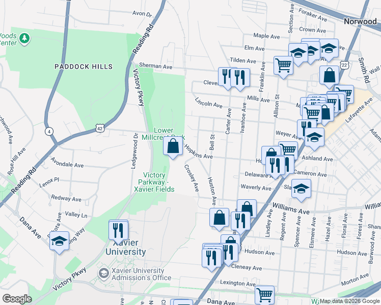 map of restaurants, bars, coffee shops, grocery stores, and more near 1734 Hopkins Avenue in Cincinnati