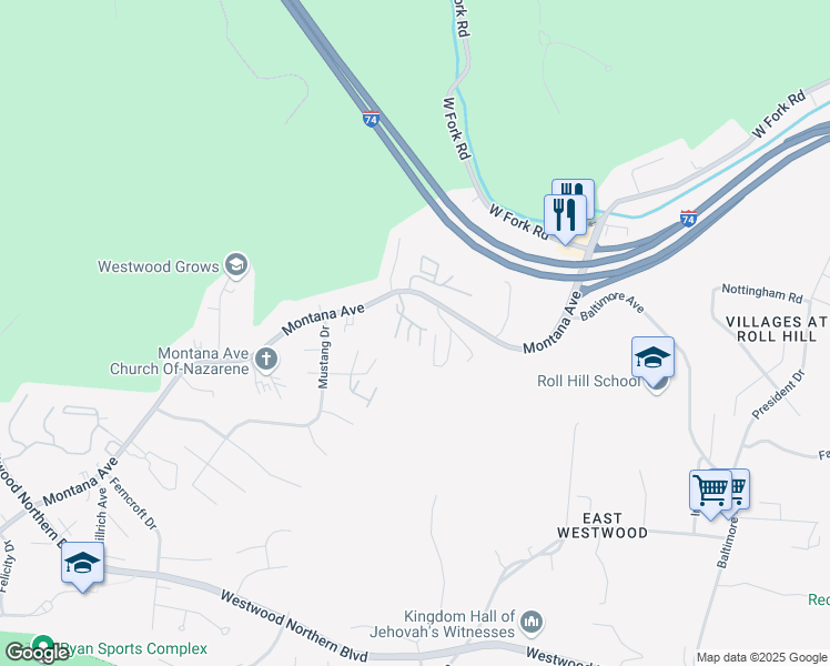 map of restaurants, bars, coffee shops, grocery stores, and more near 2425 Montana Avenue in Cincinnati