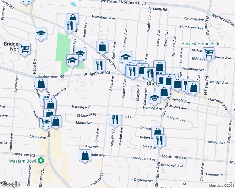 map of restaurants, bars, coffee shops, grocery stores, and more near 3739 Frances Avenue in Cincinnati