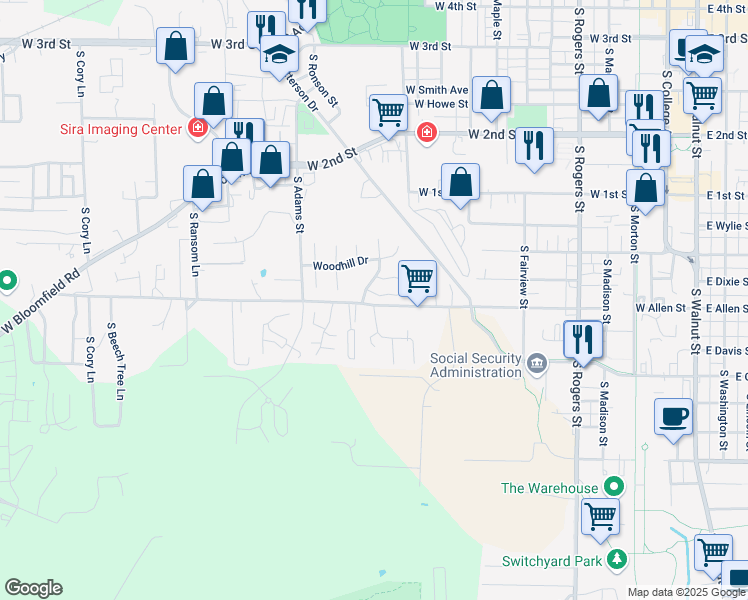 map of restaurants, bars, coffee shops, grocery stores, and more near 1213 West Green Tree Lane in Bloomington