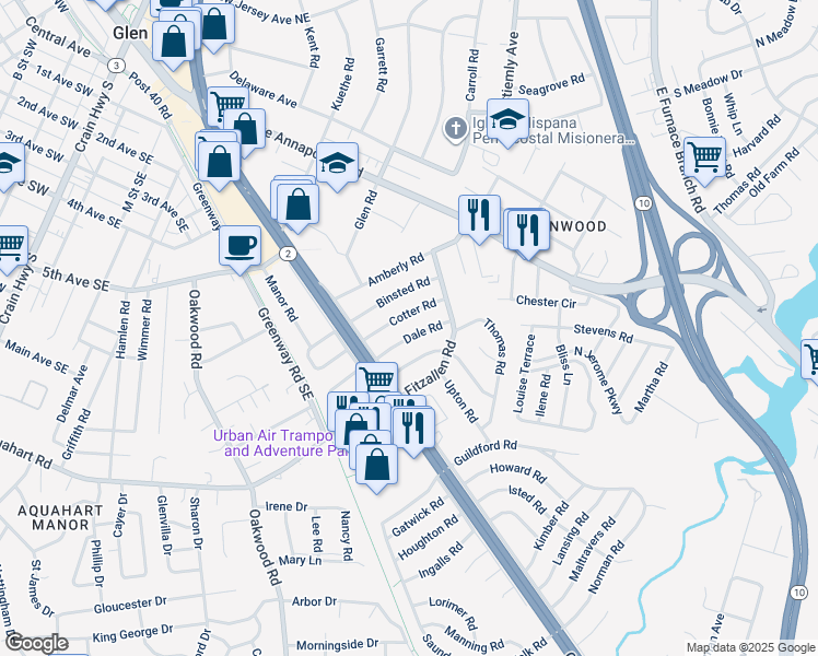 map of restaurants, bars, coffee shops, grocery stores, and more near 713 Cotter Road in Glen Burnie