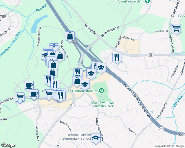 map of restaurants, bars, coffee shops, grocery stores, and more near 7522 Teague Road in Hanover